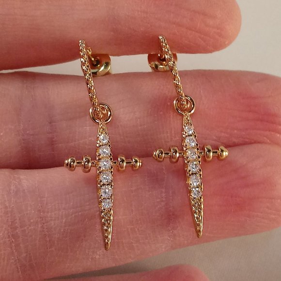 Men's 18K Yellow Gold + 925 Silver Diamond Zircon Cross Sword Stud Earrings Gift